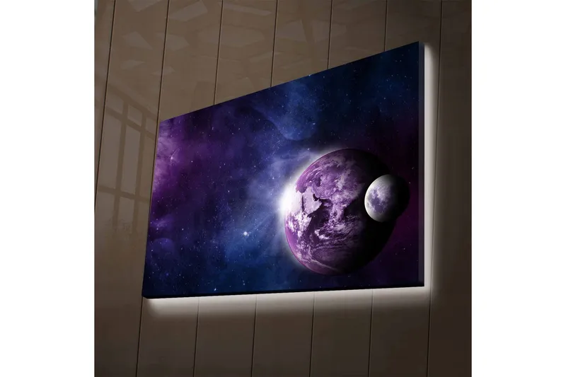 Lerretsbilde med LED-belysning - Romlandskap med planeter og stjerner, Lilla / Blå / Hvit