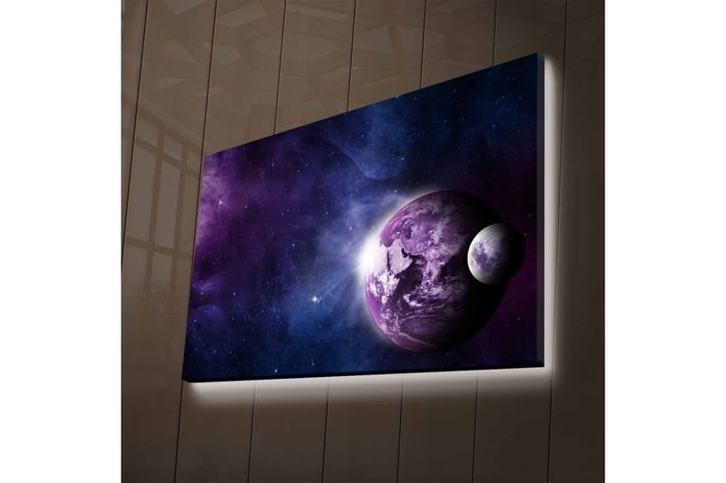 Lerretsbilde med LED-belysning - Romlandskap med planeter og stjerner, Lilla / Blå / Hvit