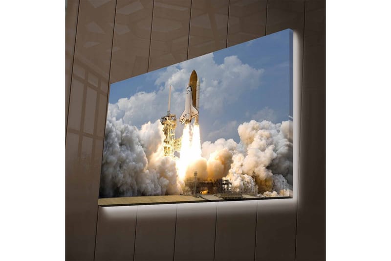 Lerretsbilde med LED-belysning - Romrakett som letter mot himmelen med kraftige flammer - Grå / Hvit / Oransje - Innredning - Bilder & kunst - Lerretsbilder