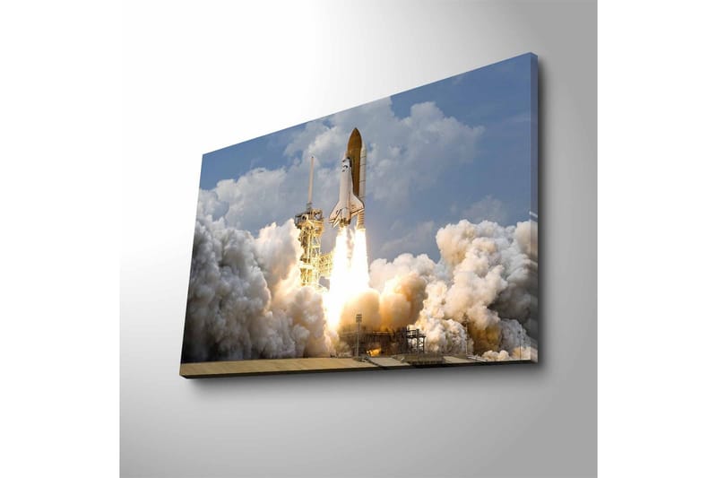 Lerretsbilde med LED-belysning - Romrakett som letter mot himmelen med kraftige flammer - Grå / Hvit / Oransje - Innredning - Bilder & kunst - Lerretsbilder