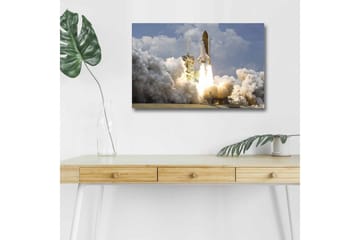 Lerretsbilde med LED-belysning - Romrakett som letter mot himmelen med kraftige flammer - Grå / Hvit / Oransje - Innredning - Bilder & kunst - Lerretsbilder
