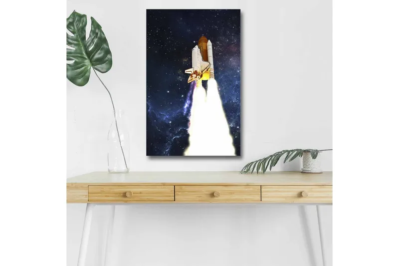 Lerretsbilde med LED-belysning - Romrakett som letter mot stjernene, Mørk blå / Hvit / Oransje