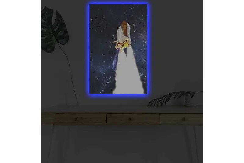 Lerretsbilde med LED-belysning - Romrakett som letter mot stjernene - Mørk blå / Hvit / Oransje - Innredning - Bilder & kunst - Lerretsbilder