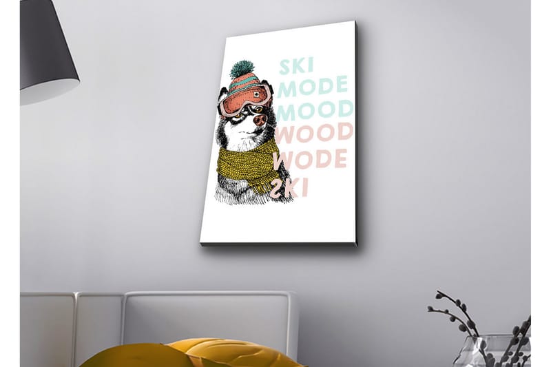 Lerretsbilde med LED-belysning - Søt hund med skibriller og skjerf, Svart / Gul / Rosa