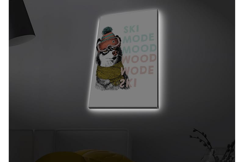 Lerretsbilde med LED-belysning - Søt hund med skibriller og skjerf - Svart / Gul / Rosa - Innredning - Bilder & kunst - Lerretsbilder