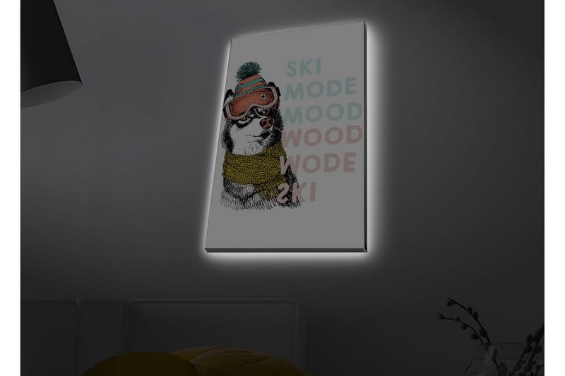 Lerretsbilde med LED-belysning - Søt hund med skibriller og skjerf - Svart / Gul / Rosa - Innredning - Bilder & kunst - Lerretsbilder