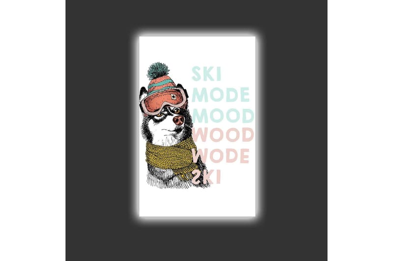 Lerretsbilde med LED-belysning - Søt hund med skibriller og skjerf - Svart / Gul / Rosa - Innredning - Bilder & kunst - Lerretsbilder