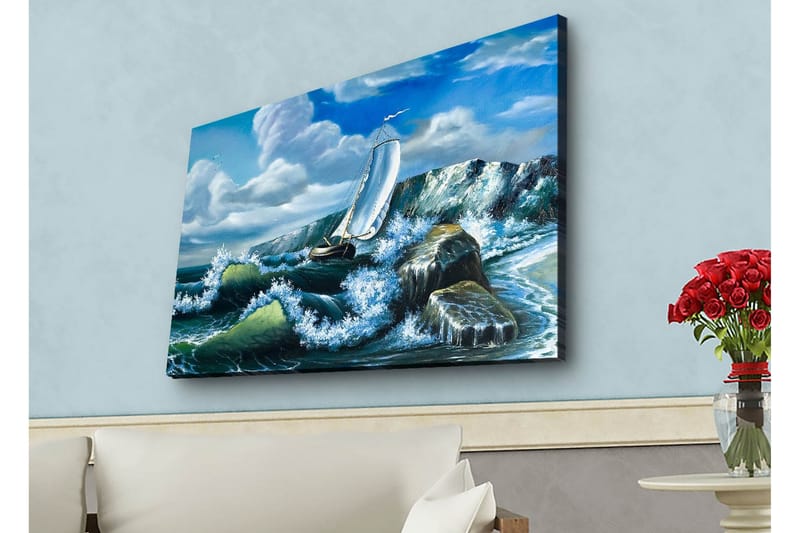 Lerretsbilde med LED-belysning - Seilbåt som kjemper mot sterke bølger, Blå / Grønn / Hvit