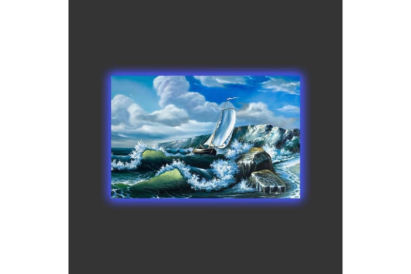 Lerretsbilde med LED-belysning - Seilbåt som kjemper mot sterke bølger - Blå / Grønn / Hvit - Innredning - Bilder & kunst - Lerretsbilder
