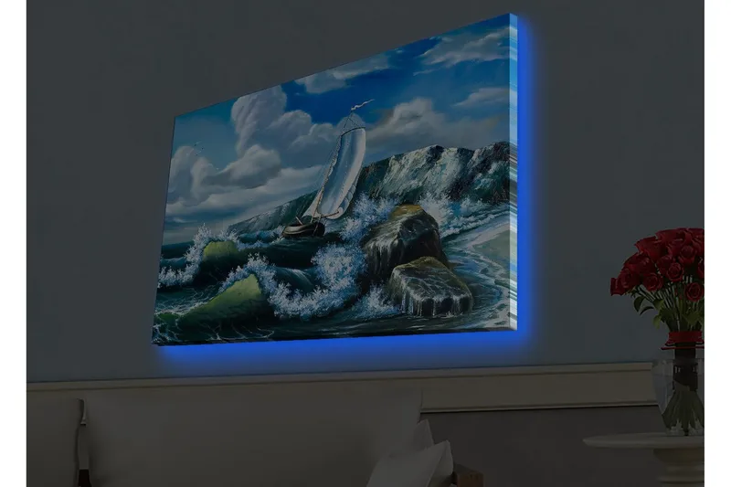 Lerretsbilde med LED-belysning - Seilbåt som kjemper mot sterke bølger - Blå / Grønn / Hvit - Innredning - Bilder & kunst - Lerretsbilder