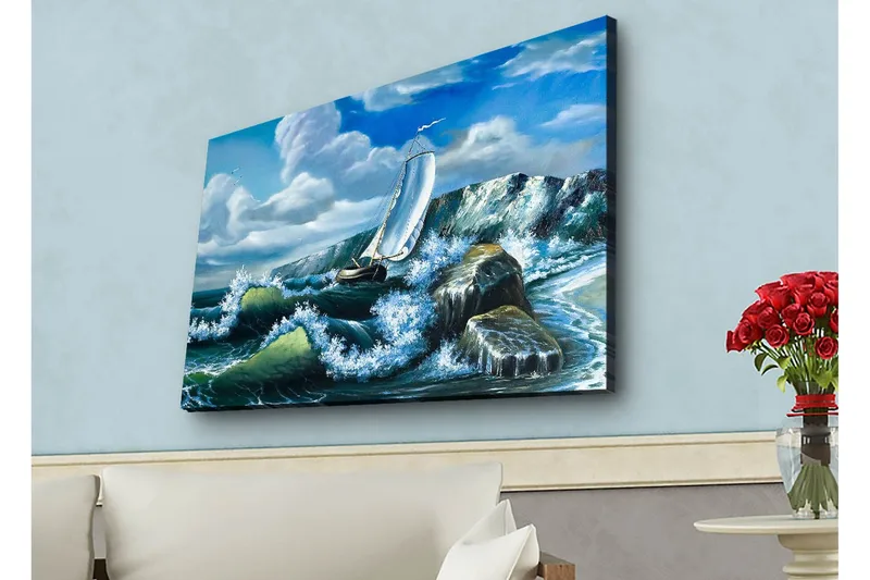 Lerretsbilde med LED-belysning - Seilbåt som kjemper mot sterke bølger, Blå / Grønn / Hvit