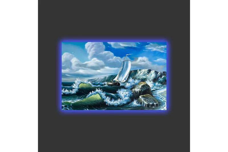 Lerretsbilde med LED-belysning - Seilbåt som kjemper mot sterke bølger - Blå / Grønn / Hvit - Innredning - Bilder & kunst - Lerretsbilder