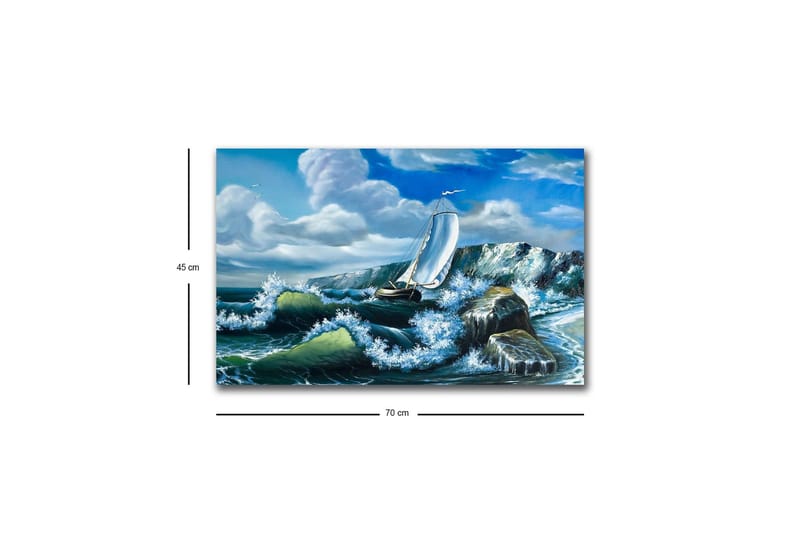 Lerretsbilde med LED-belysning - Seilbåt som kjemper mot sterke bølger - Blå / Grønn / Hvit - Innredning - Bilder & kunst - Lerretsbilder