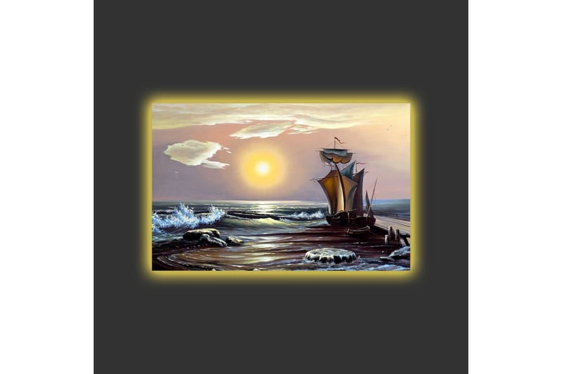 Lerretsbilde med LED-belysning - Seilbåt på en solrik strand med bølger og steiner - Blå / Oransje / Brun - Innredning - Bilder & kunst - Lerretsbilder