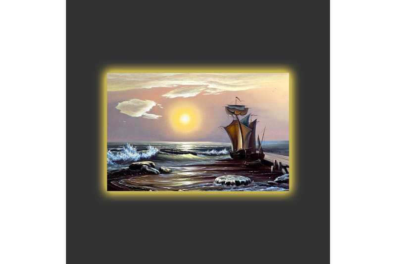 Lerretsbilde med LED-belysning - Seilbåt på en solrik strand med bølger og steiner - Blå / Oransje / Brun - Innredning - Bilder & kunst - Lerretsbilder