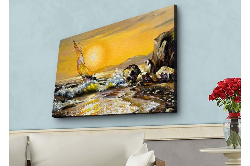 Lerretsbilde med LED-belysning - Seilbåt på en gyllen havhorisont - Gull / Blå / Grønn - Innredning - Bilder & kunst - Lerretsbilder