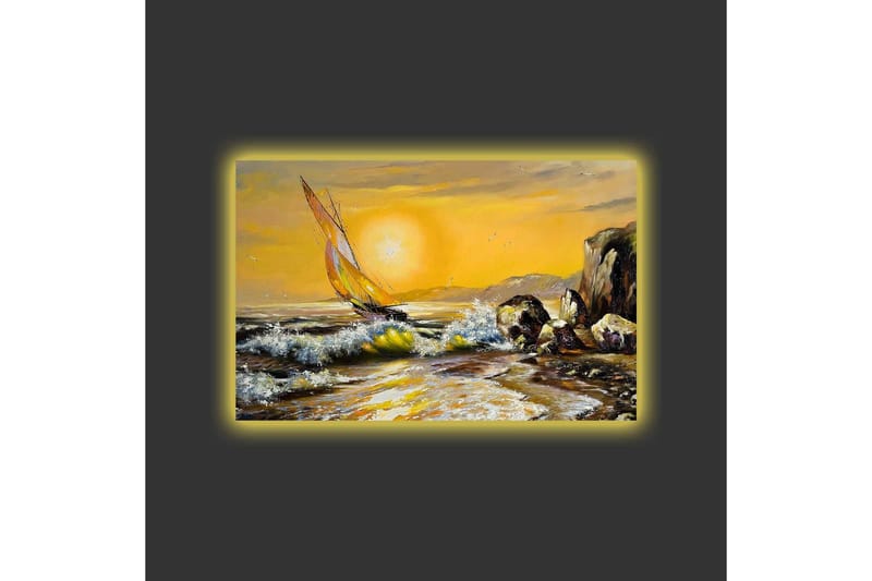 Lerretsbilde med LED-belysning - Seilbåt på en gyllen havhorisont - Gull / Blå / Grønn - Innredning - Bilder & kunst - Lerretsbilder