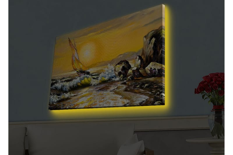 Lerretsbilde med LED-belysning - Seilbåt på en gyllen havhorisont - Gull / Blå / Grønn - Innredning - Bilder & kunst - Lerretsbilder