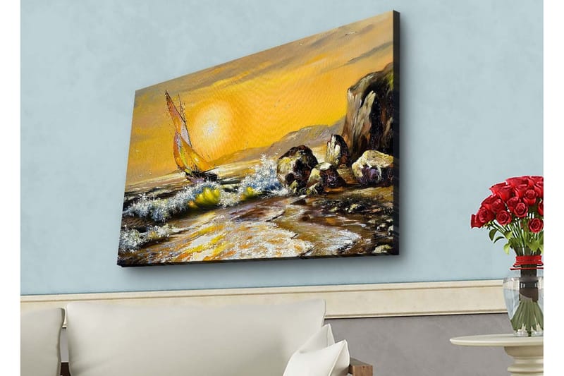 Lerretsbilde med LED-belysning - Seilbåt på en gyllen havhorisont, Gull / Blå / Grønn