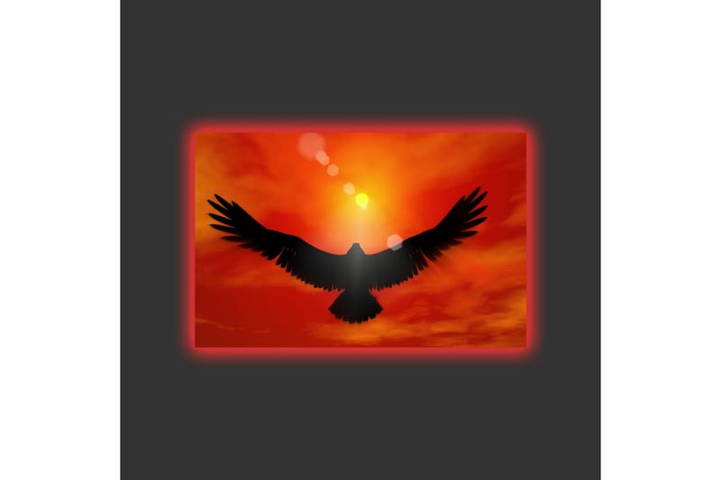 Lerretsbilde med LED-belysning - Silhuett av en ørn som flyr mot en solnedgang i sterke farger - Rød / Svart / Oransje - Innredning - Bilder & kunst - Lerretsbilder