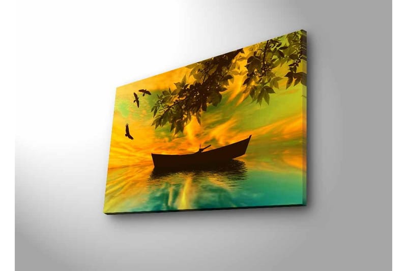 Lerretsbilde med LED-belysning - Silhuett av en båt på speilblankt vann med en fargerik solnedgang - Gul / Grønn / Svart - Innredning - Bilder & kunst - Lerretsbilder