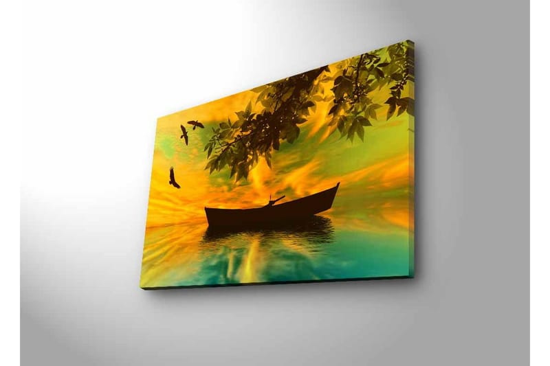Lerretsbilde med LED-belysning - Silhuett av en båt på speilblankt vann med en fargerik solnedgang - Gul / Grønn / Svart - Innredning - Bilder & kunst - Lerretsbilder