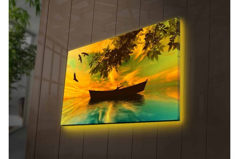 Lerretsbilde med LED-belysning - Silhuett av en båt på speilblankt vann med en fargerik solnedgang - Gul / Grønn / Svart - Innredning - Bilder & kunst - Lerretsbilder