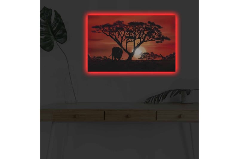 Lerretsbilde med LED-belysning - Silhuett av et tre med en elefant i solnedgangens lys - Rød / Svart / Oransje - Innredning - Bilder & kunst - Lerretsbilder