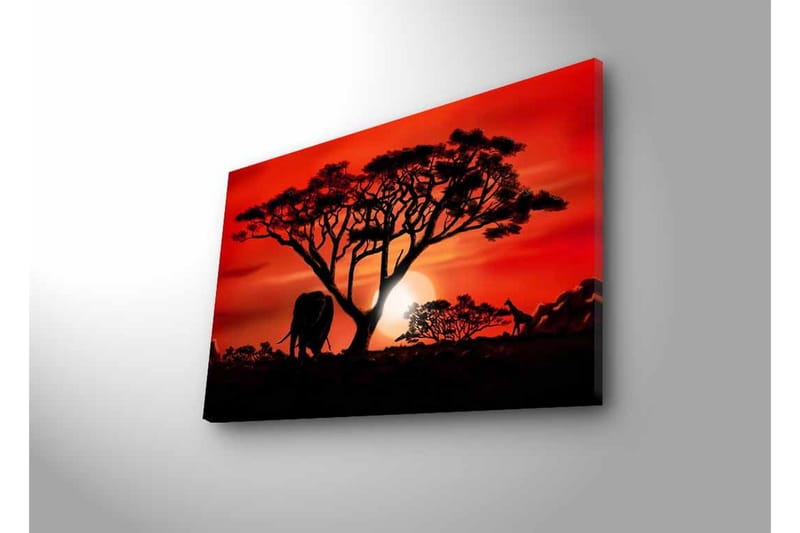 Lerretsbilde med LED-belysning - Silhuett av et tre med en elefant i solnedgangens lys - Rød / Svart / Oransje - Innredning - Bilder & kunst - Lerretsbilder