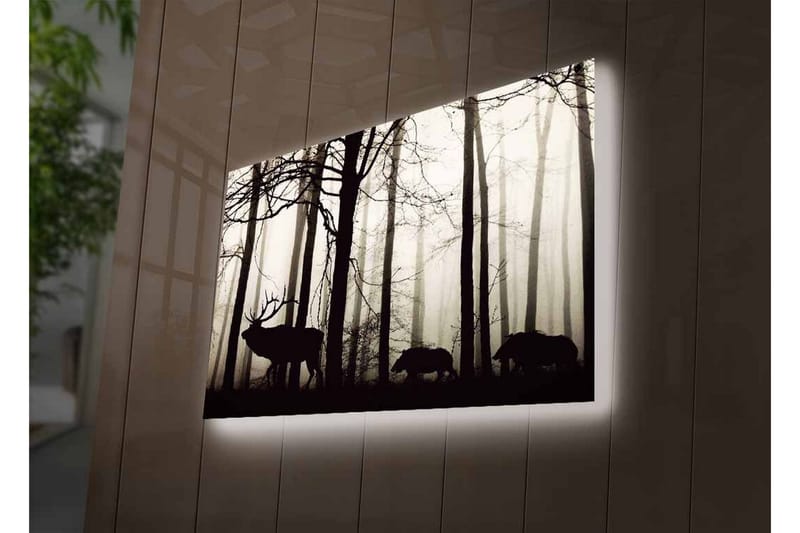Lerretsbilde med LED-belysning - Silhuetter av hjort og villsvin i et tåkete skogsmiljø - Svart / Grå / Hvit - Innredning - Bilder & kunst - Lerretsbilder