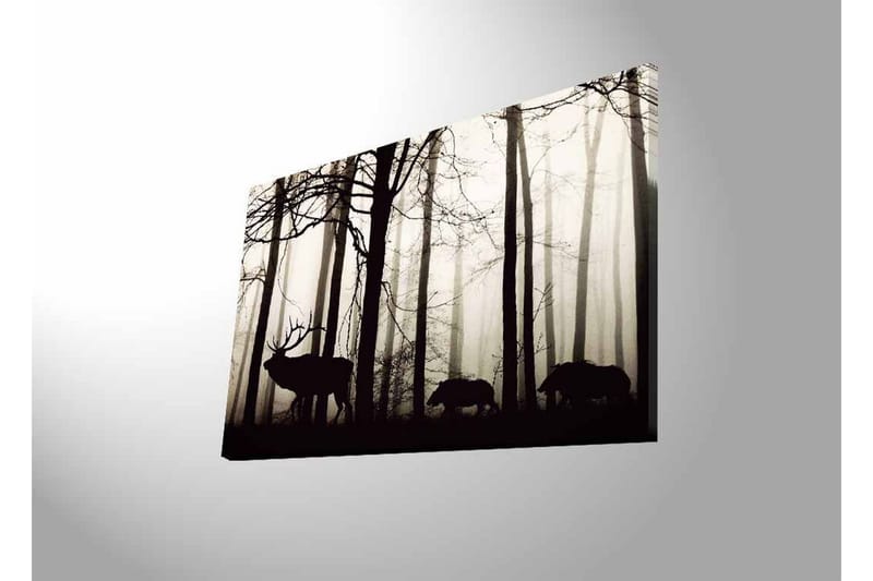 Lerretsbilde med LED-belysning - Silhuetter av hjort og villsvin i et tåkete skogsmiljø - Svart / Grå / Hvit - Innredning - Bilder & kunst - Lerretsbilder