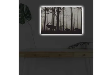 Lerretsbilde med LED-belysning - Silhuetter av hjort og villsvin i et tåkete skogsmiljø - Svart / Grå / Hvit - Innredning - Bilder & kunst - Lerretsbilder