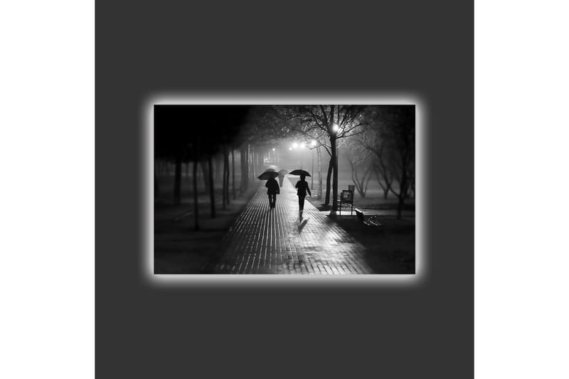 Lerretsbilde med LED-belysning - Silhuetter av to personer med paraplyer på en regnfull gate - Svart / Grå - Innredning - Bilder & kunst - Lerretsbilder