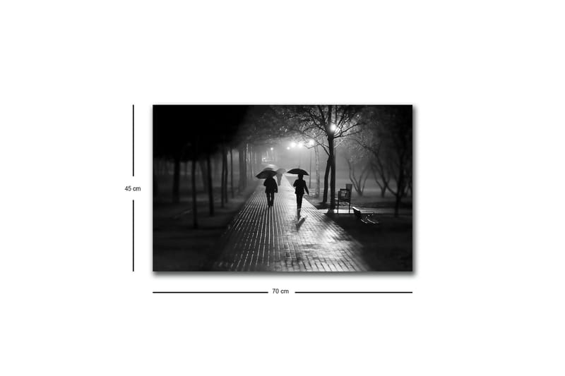 Lerretsbilde med LED-belysning - Silhuetter av to personer med paraplyer på en regnfull gate - Svart / Grå - Innredning - Bilder & kunst - Lerretsbilder