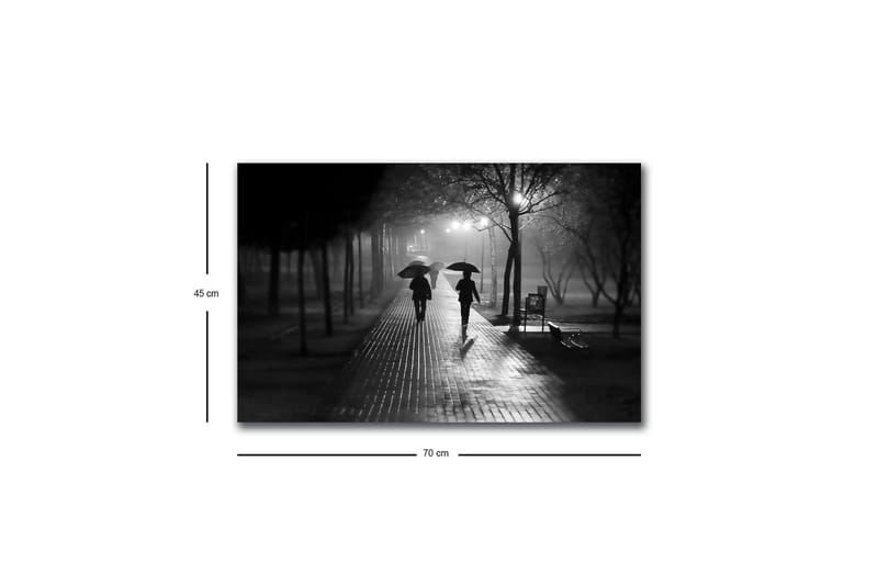 Lerretsbilde med LED-belysning - Silhuetter av to personer med paraplyer på en regnfull gate - Svart / Grå - Innredning - Bilder & kunst - Lerretsbilder