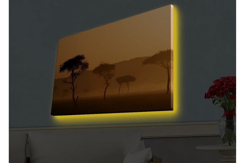 Lerretsbilde med LED-belysning - Silhuetter av trær i et tåkete, gyllent landskap - Gull / Svart - Innredning - Bilder & kunst - Lerretsbilder