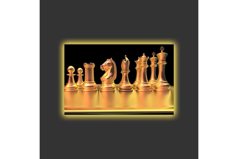 Lerretsbilde med LED-belysning - Skinnende sjakkbrikker i gulltoner - Gull / Svart - Innredning - Bilder & kunst - Lerretsbilder