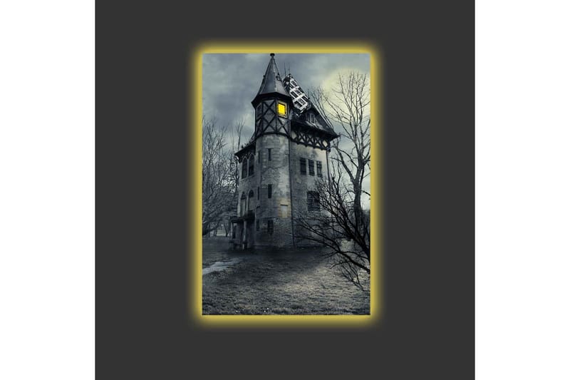 Lerretsbilde med LED-belysning - Skummel herskapshus omgitt av døde trær - Grå / Svart / Gul - Innredning - Bilder & kunst - Lerretsbilder