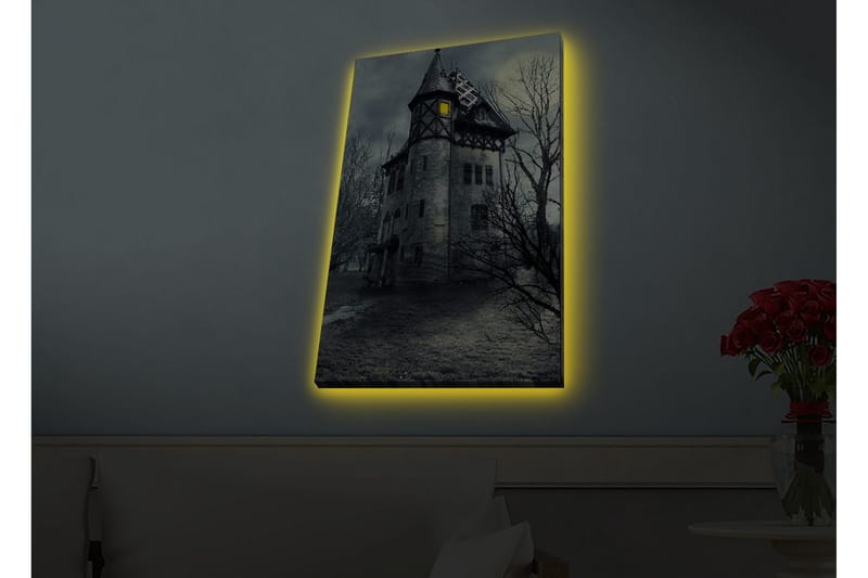 Lerretsbilde med LED-belysning - Skummel herskapshus omgitt av døde trær - Grå / Svart / Gul - Innredning - Bilder & kunst - Lerretsbilder