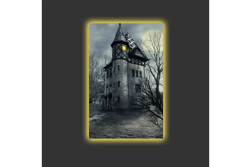 Lerretsbilde med LED-belysning - Skummel herskapshus omgitt av døde trær - Grå / Svart / Gul - Innredning - Bilder & kunst - Lerretsbilder