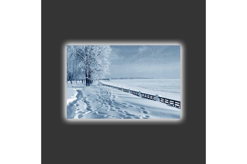 Lerretsbilde med LED-belysning - Snødekt landskap med spor i snøen og trær langs en vei - Hvit / Lys blå / Grå - Innredning - Bilder & kunst - Lerretsbilder