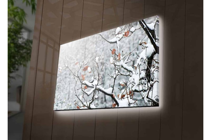 Lerretsbilde med LED-belysning - Snødekte grener med brune blader - Hvit / Brun / Grå - Innredning - Bilder & kunst - Lerretsbilder