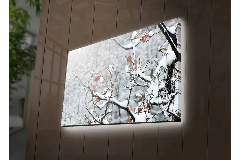 Lerretsbilde med LED-belysning - Snødekte grener med brune blader - Hvit / Brun / Grå - Innredning - Bilder & kunst - Lerretsbilder