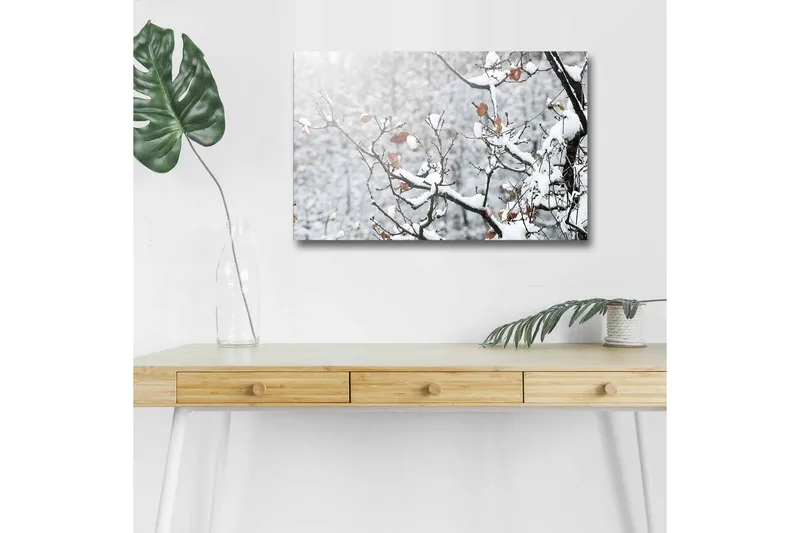 Lerretsbilde med LED-belysning - Snødekte grener med brune blader, Hvit / Brun / Grå
