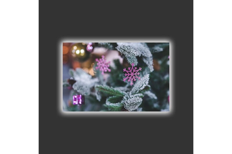 Lerretsbilde med LED-belysning - Snøflak på et grønt grantre med julepynt - Grønn / Hvit / Rosa - Innredning - Bilder & kunst - Lerretsbilder