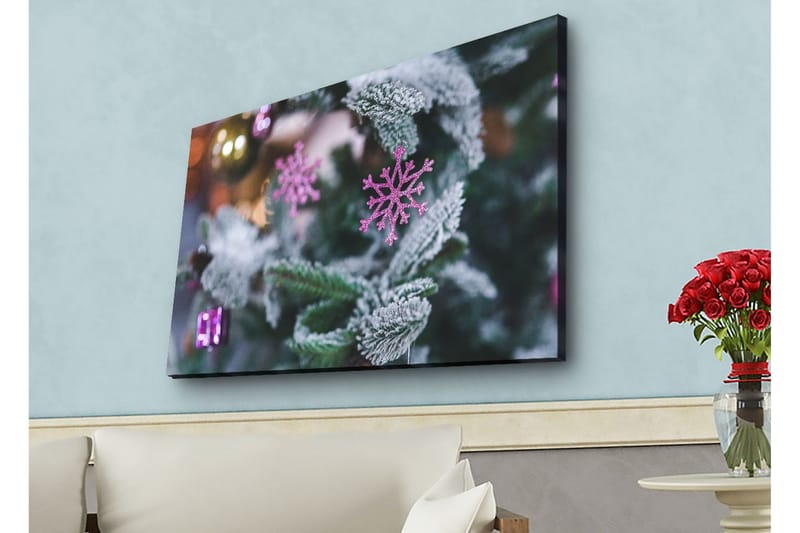 Lerretsbilde med LED-belysning - Snøflak på et grønt grantre med julepynt - Grønn / Hvit / Rosa - Innredning - Bilder & kunst - Lerretsbilder