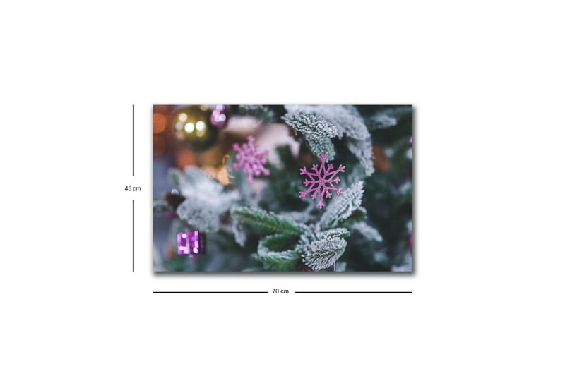 Lerretsbilde med LED-belysning - Snøflak på et grønt grantre med julepynt - Grønn / Hvit / Rosa - Innredning - Bilder & kunst - Lerretsbilder