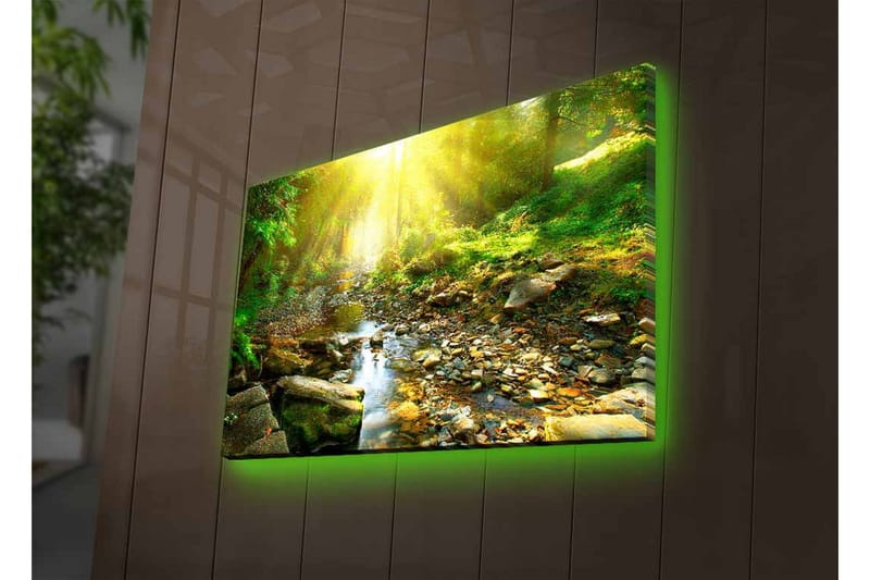 Lerretsbilde med LED-belysning - Solbelyst skog med en klukkende bekk - Grønn / Gul / Brun - Innredning - Bilder & kunst - Lerretsbilder