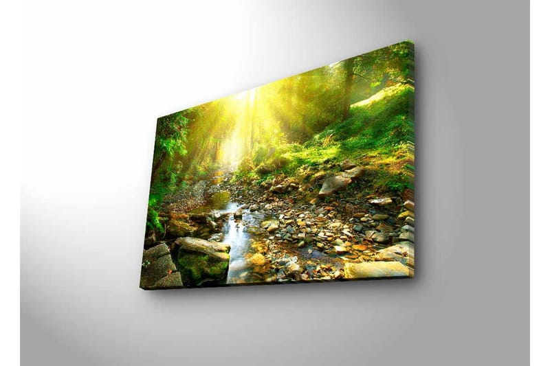 Lerretsbilde med LED-belysning - Solbelyst skog med en klukkende bekk - Grønn / Gul / Brun - Innredning - Bilder & kunst - Lerretsbilder