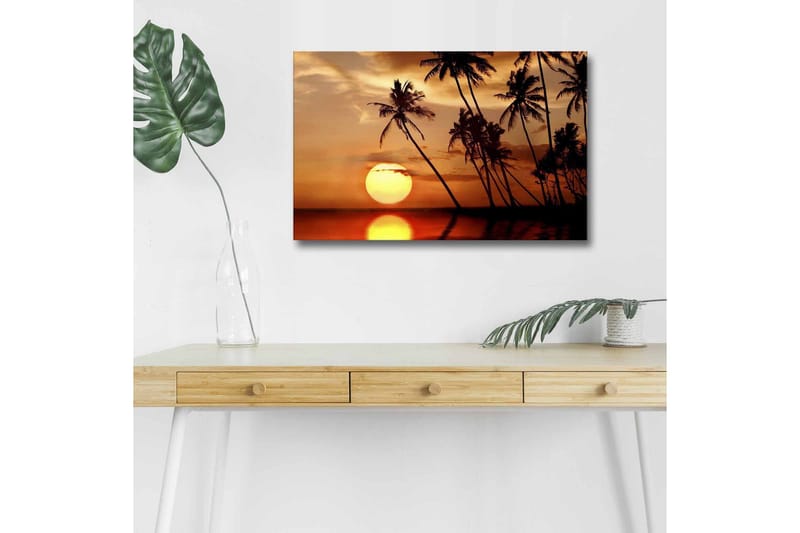 Lerretsbilde med LED-belysning - Solnedgang med palmer i horisonten - Oransje / Svart / Gull - Innredning - Bilder & kunst - Lerretsbilder